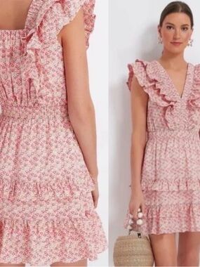 HYACINTH HOUSE Romantic Preppy Pink Ditsy Floral Ruffle Tiered Mini Dress SMALL